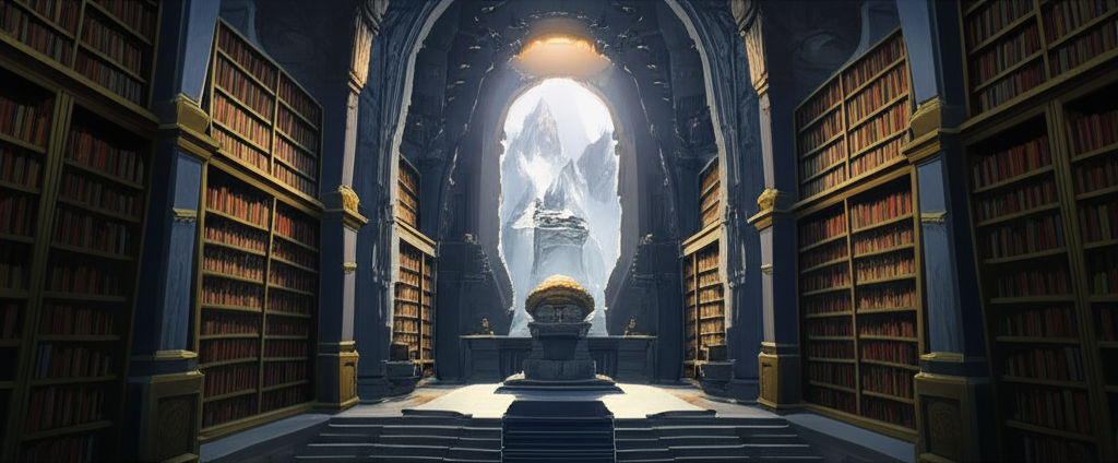 A grand, cavernous Dwarven Abbey carved into a mountain, illuminated by a mystical light.